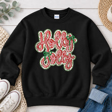 Load image into Gallery viewer, Holly Jolly Gingham Christmas design on Black crewneck sweatshirt
