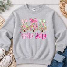 Load image into Gallery viewer, Holly Jolly Trees Bows Christmas design on Ash Grey crewneck sweatshirt
