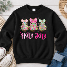 Load image into Gallery viewer, Holly Jolly Trees Bows Christmas design on Black crewneck sweatshirt
