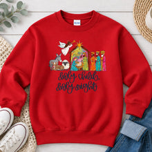 Load image into Gallery viewer, Holy Child Holy Night Nativity Christmas design on Red crewneck sweatshirt
