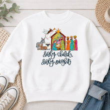 Load image into Gallery viewer, Holy Child Holy Night Nativity Christmas design on White crewneck sweatshirt
