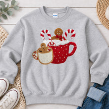 Load image into Gallery viewer, Hot Cocoa Gingerbread Christmas design on Ash Grey crewneck sweatshirt
