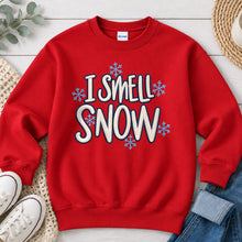 Load image into Gallery viewer, I Smell Snow Embroidered Patch Winter design on Red crewneck sweatshirt
