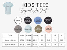 Load image into Gallery viewer, The image is a size and color chart for kids' tees, providing measurements and color options for different age groups.
