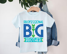 Load image into Gallery viewer, A white t-shirt with a graphic design that says "Professional Big Brother" in blue and green text, hanging on a clothing hanger.
