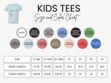 Load image into Gallery viewer, The image is a size and color chart for kids' tees, providing measurements and color options for different age groups.
