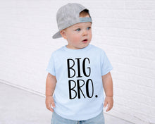 Load image into Gallery viewer, A young child wearing a gray baseball cap and a light blue t-shirt with the text "BIG BRO." printed on it.

