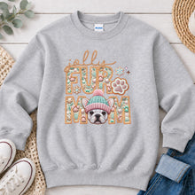 Load image into Gallery viewer, Jolly Frenchie White Christmas design on Ash Grey crewneck sweatshirt
