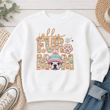 Load image into Gallery viewer, Jolly Frenchie White Christmas design on White crewneck sweatshirt
