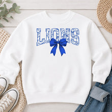 Load image into Gallery viewer, Toile Lions Blue Bow White
