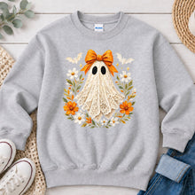 Load image into Gallery viewer, Lace Ghost Orange Bow Halloween design on Ash Grey crewneck sweatshirt
