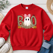 Load image into Gallery viewer, Leopard Boo Pink Bow Ghost Halloween design on Red crewneck sweatshirt
