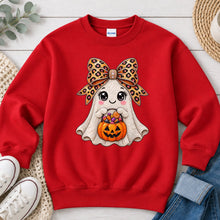 Load image into Gallery viewer, Leopard Bow Ghost Candy Halloween design on Red crewneck sweatshirt

