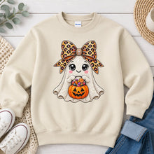 Load image into Gallery viewer, Leopard Bow Ghost Candy Halloween design on Sand crewneck sweatshirt
