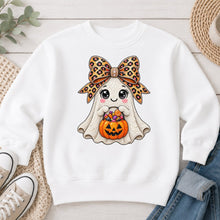 Load image into Gallery viewer, Leopard Bow Ghost Candy Halloween design on White crewneck sweatshirt
