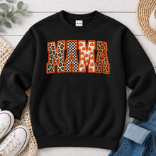 Load image into Gallery viewer, Leopard Checkered Orange Mama Mom &amp; Family design on Black crewneck sweatshirt
