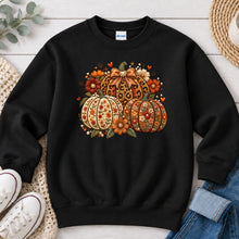 Load image into Gallery viewer, Leopard Floral Pumpkins Fall design on Black crewneck sweatshirt

