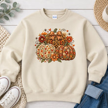 Load image into Gallery viewer, Leopard Floral Pumpkins Fall design on Sand crewneck sweatshirt

