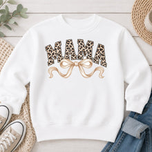 Load image into Gallery viewer, Leopard Mama Cream Bow Mom &amp; Family design on White crewneck sweatshirt

