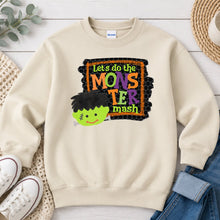 Load image into Gallery viewer, Let's Do The Monster Mash Halloween design on Sand crewneck sweatshirt
