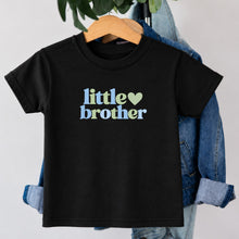 Load image into Gallery viewer, Little Brother Blue Sage Heart design on black kids t-shirt
