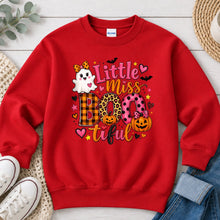 Load image into Gallery viewer, Little Miss Bootiful Pumpkins Halloween design on Red crewneck sweatshirt

