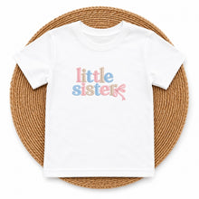 Load image into Gallery viewer, Little Sister Blue Tan Bow design on white kids t-shirt
