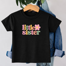 Load image into Gallery viewer, Little Sister Daisy Flower design on black kids t-shirt
