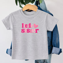 Load image into Gallery viewer, Little Sister Hot Pink Heart design on heather grey kids t-shirt
