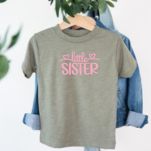 Load image into Gallery viewer, Little Sister Light Pink Heart Script design on sage kids t-shirt
