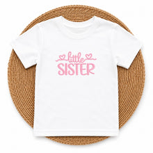 Load image into Gallery viewer, Little Sister Light Pink Heart Script design on white kids t-shirt
