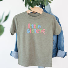 Load image into Gallery viewer, Little Sister Pastel Bow design on sage kids t-shirt
