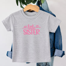 Load image into Gallery viewer, Little Sister Pink Heart Script design on heather grey kids t-shirt
