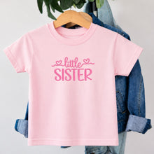 Load image into Gallery viewer, Little Sister Pink Heart Script design on pink kids t-shirt
