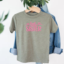 Load image into Gallery viewer, Little Sister Pink Heart Script design on sage kids t-shirt
