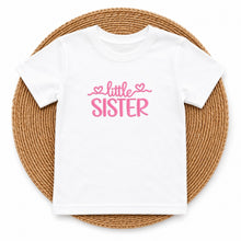Load image into Gallery viewer, Little Sister Pink Heart Script design on white kids t-shirt
