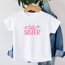 Load image into Gallery viewer, Little Sister Pink Heart Script design on white kids t-shirt
