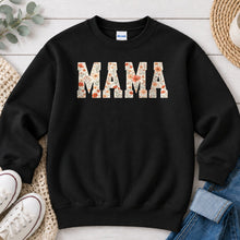 Load image into Gallery viewer, Mama Floral Peach Mom &amp; Family design on Black crewneck sweatshirt
