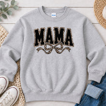 Load image into Gallery viewer, Mama Leopard Bow Mom &amp; Family design on Ash Grey crewneck sweatshirt

