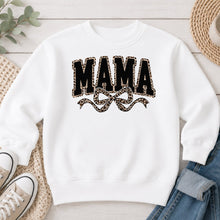 Load image into Gallery viewer, Mama Leopard Bow Mom &amp; Family design on White crewneck sweatshirt
