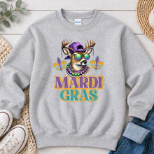 Load image into Gallery viewer, Mardi Gras Buck Hunting design on Ash Grey crewneck sweatshirt
