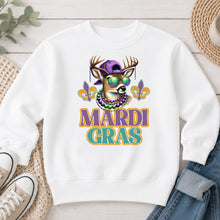 Load image into Gallery viewer, Mardi Gras Buck Hunting design on White crewneck sweatshirt

