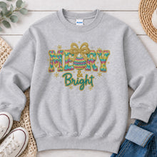 Load image into Gallery viewer, Merry And Bright Chenille Christmas design on Ash Grey crewneck sweatshirt
