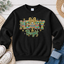 Load image into Gallery viewer, Merry And Bright Chenille Christmas design on Black crewneck sweatshirt
