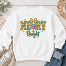 Load image into Gallery viewer, Merry And Bright Chenille Christmas design on White crewneck sweatshirt
