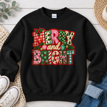 Load image into Gallery viewer, Merry and Bright Embroidered Patchwork Christmas design on Black crewneck sweatshirt
