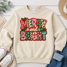 Load image into Gallery viewer, Merry and Bright Embroidered Patchwork Christmas design on Sand crewneck sweatshirt
