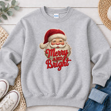Load image into Gallery viewer, Merry And Bright Faux Yarn Santa Christmas design on Ash Grey crewneck sweatshirt

