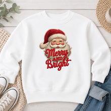 Load image into Gallery viewer, Merry And Bright Faux Yarn Santa Christmas design on White crewneck sweatshirt
