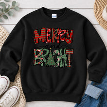 Load image into Gallery viewer, Merry And Bright Tree Christmas design on Black crewneck sweatshirt

